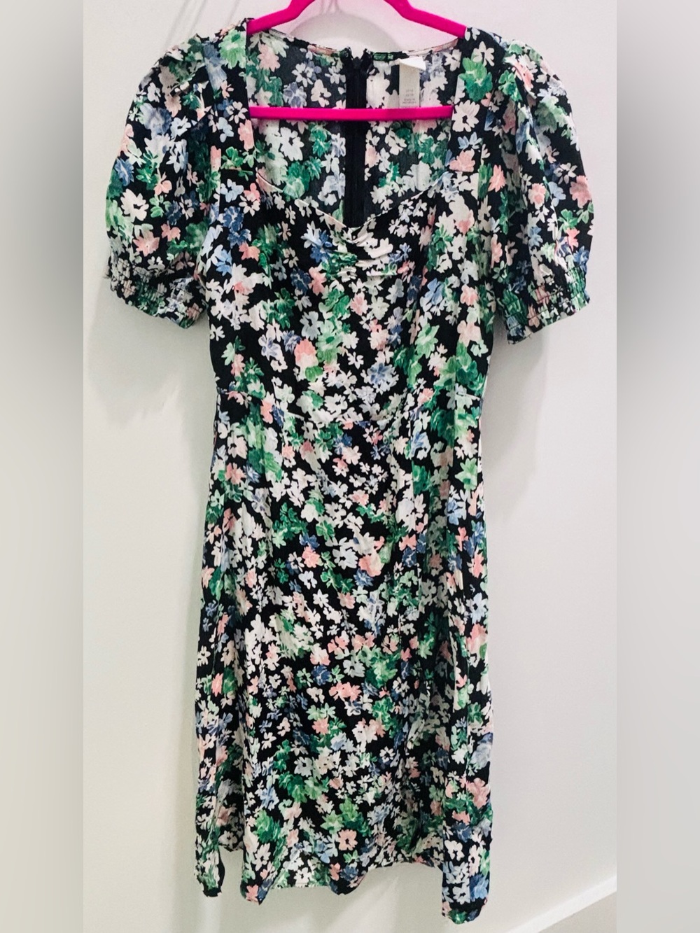 H&M Black Midi Dress with Green, Pink and Blue Floral Print